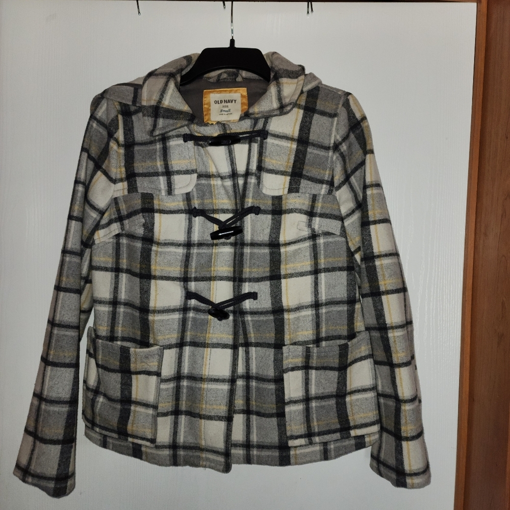 Old Navy Women's Gray Yellow Plaid Hooded Jacket Size S